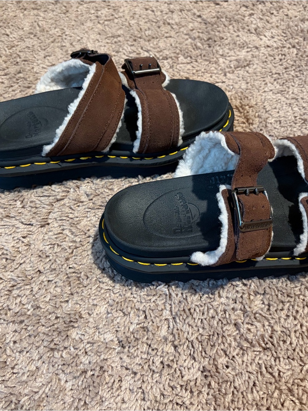 Dr. Martens Kids Brown Suede Shearling Buckle Sandals with Yellow Stitching - Picture 2 of 4